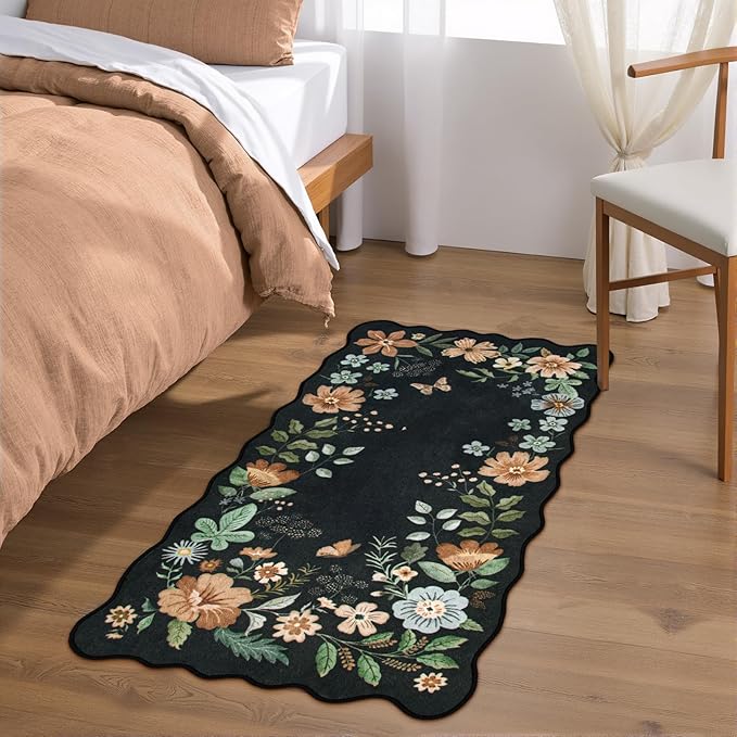 Lahome Floral Entryway Rug, 2x4 Washable Kitchen Rug Ultra-Thin, Non-Slip Soft Door Mat Indoor Entrance Stain Resistant Boho Small Low-Pile Throw Carpet for Bathroom Bedroom(2x4ft,Black/Grey)