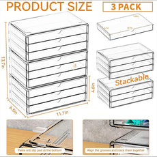 Yieach 11.1 Inch Long Clear Drawer Organizers Stackable,3 Pack Small Acrylic Drawers,School,Office Supplies Organizer And Storage Bins for Stationery,Marker,Pen,Pencil,Craft Desktop Storage Drawers