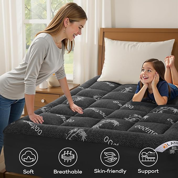 OLANLY King Mattress Topper – Viscose Made from Bamboo, Cooling Soft King Pillow Top Mattress Pad for Back Pain Relief, Plush Down Alternative Fill Bed Topper with Elastic Deep Pocket, Dark Gray