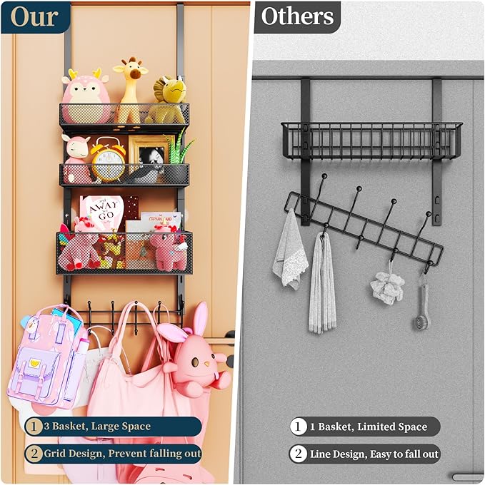 Consumest Over The Door Hooks Organizer - 4 Tier Door Coat Rack with 3 Baskets and 12 Hooks, Stainless Steel Towel Hanger for Bedroom, Bathroom, Living Room, Black