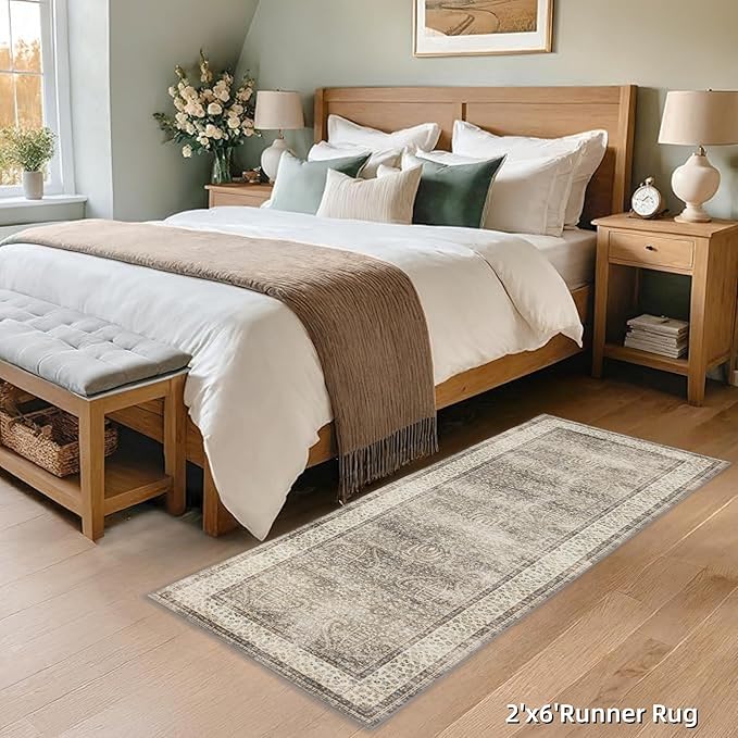 RCTJHOME 2'x6' Runner Rug for Hallway with 4 Non-Slip Tapes, Machine Washable Kitchen Boho Runner Rug, Distressed Bedroom Beside Rug, Laundry Room, Farmhouse Entryway Mat, Retro Golden Brown Multi
