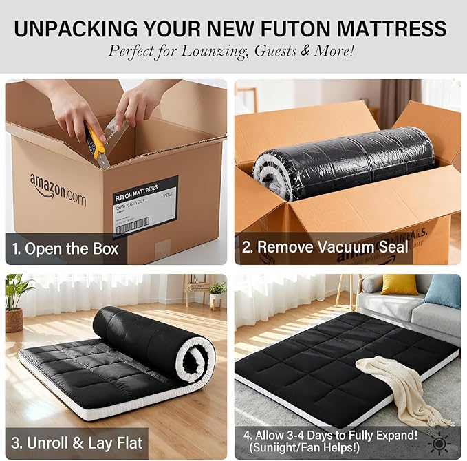Tiita Floor Mattress Memory Foam Mattress Topper, 4" Thicken Futon Mattress with Storage Bag and 2 Straps, Portable Roll Up Travel Car Camping Mattress Sleeping Pad Full Size, Black