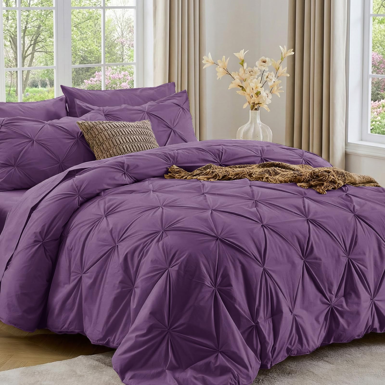 Sasttie Twin XL Comforter Set, 5-Piece Bed in a Bag, Pintuck Bedding Sets for All Season, Includes Comforter, Flat Sheet, Fitted Sheet, Pillowcase and Pillowsham, Beige