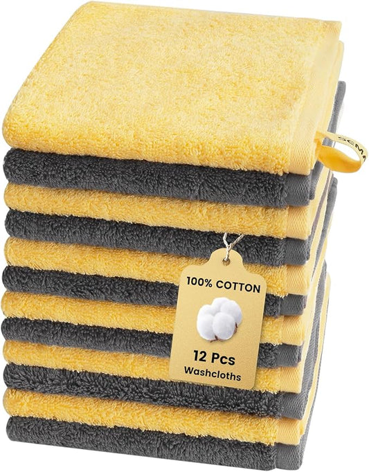 SEMAXE 100% Cotton Washcloths 12-Pack, 13 × 13 Inch Soft Luxury Face Towels – Super Absorbent & Quick-Dry, Premium Cloth with Hanging Loop, Oeko-TEX Certified, Gift-Ready Box