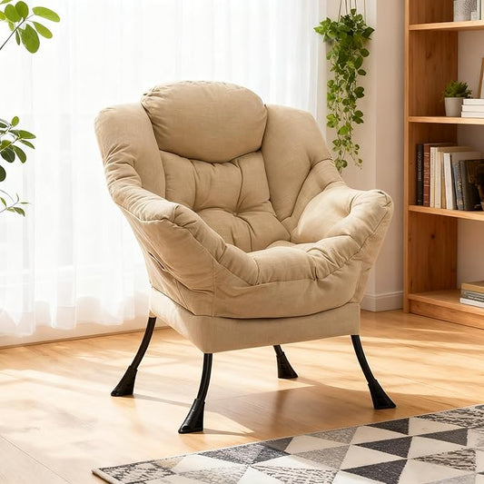 HollyHOME Lazy Chair with Armrest and Side Pocket, Comfy Accent Lounge Chair,Leisure Sofa Armchair for Living Room, Bedroom, Dorm, or Small Spaces, Oversized Reading Sofa Chair,Cotton-Linen Tan