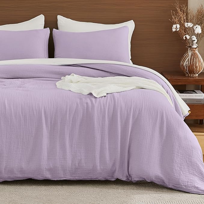 EMME Muslin Cotton Duvet Cover Set Lavender King Size Linen Like Soft Breathable Lightweight Summer Comforter Cover Set with Zipper Closure (Lavender, King, 104"x90")