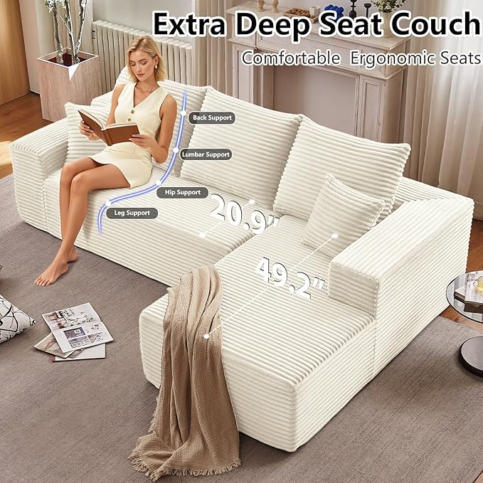 107" Cloud Sectional Couch with L-Shape Chaise, Modern Modular Comfy Sofa Chaise Longue, Upholstered Corduroy Couches Sleeper with Deep Seat for Living Room Bedroom, No Assembly Required, White
