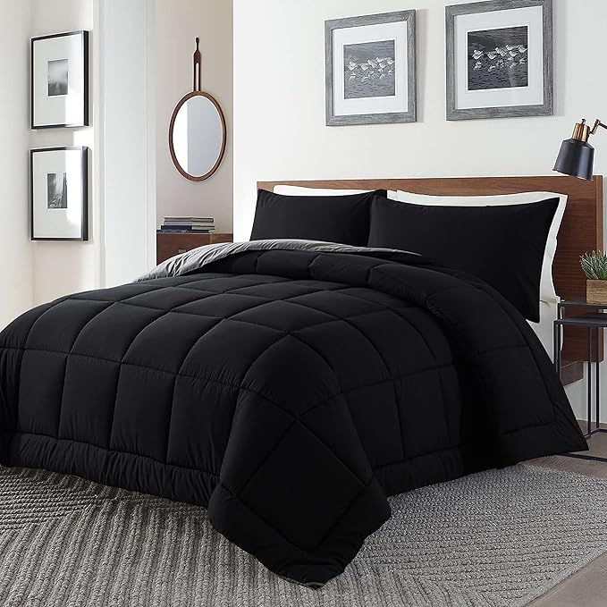 DOWNCOOL Queen Comforter Set -All Season Bedding Comforters Sets with 2 Pillow Cases-3 Pieces Bedding Sets Queen -Down Alternative Black/Grey Queen Size Comforter Sets(88"x92")