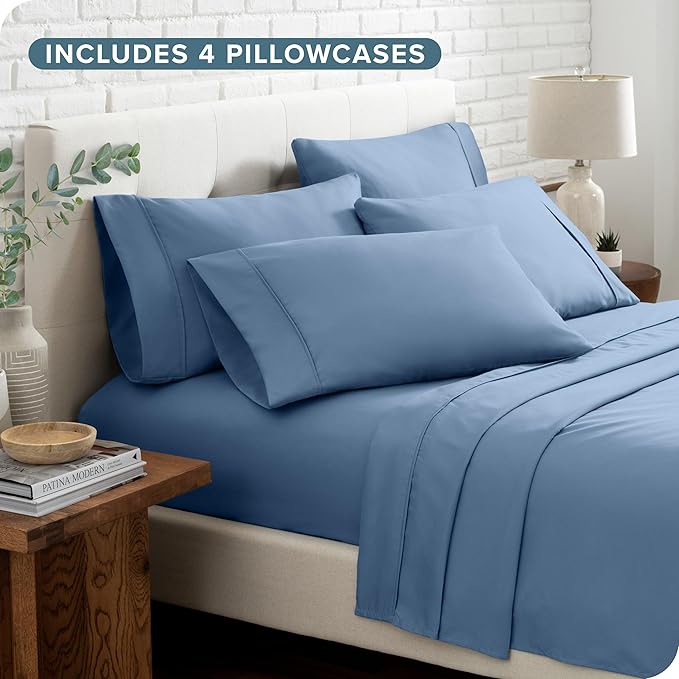 Bare Home Hotel Luxury Queen Sheet Set, Extra Soft - 6 Piece Set - Deep Pockets - Easy Fit - Cooling & Breathable - Wrinkle, Fade, Stain Resistant - Includes 4 Pillowcases (Queen, Coronet Blue)