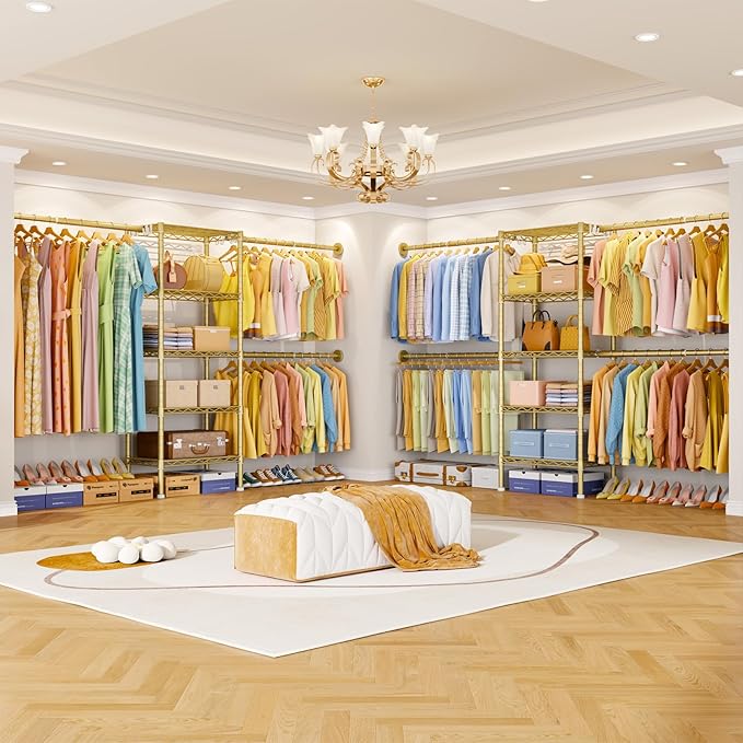 Ulif M2 Wall-Mounted Clothes Rack, Metal Closet System with 4 Expandable Hanger Rods and 5 Metal Shelves, Mount-on-Wall Clothing Storage Organizer in (70.8-102.3)" L x 14.5" D x 71.2" H, Gold