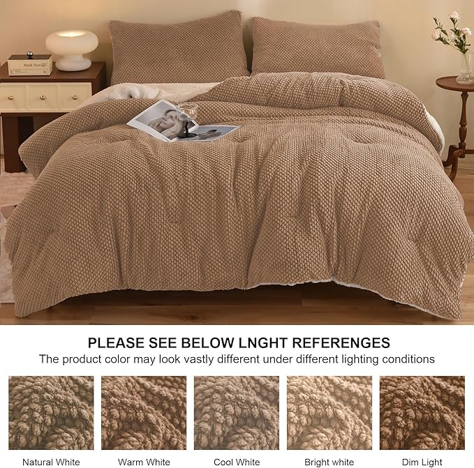 3D Jacquard Design Comforter Set, Ultra-Soft Warm King Size Sherpa Fur Plush 3-Pieces Sets Luxury Cozy Bedding with 2 Pillowcases (104"x90", Beige)
