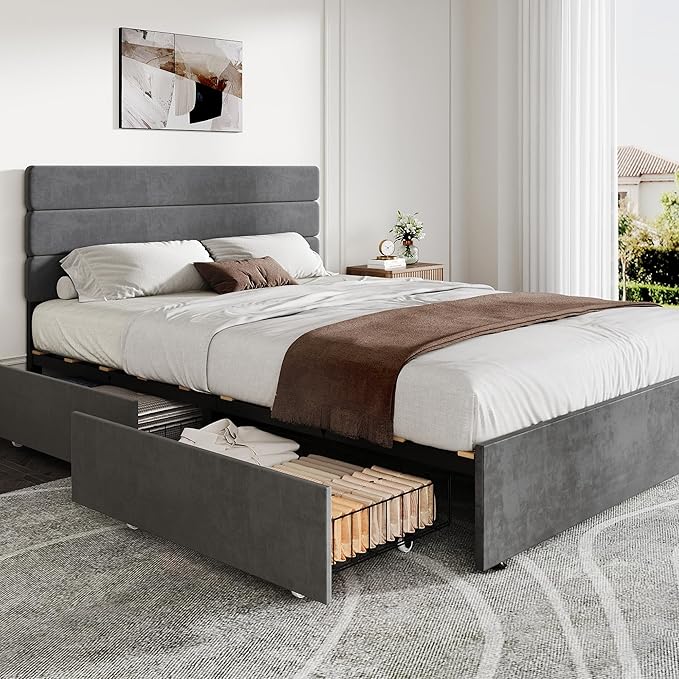 WLIVE Queen Size Upholstered Bed Frame with 4 Storage Drawers and Headboard, Velvet Platform Bedframe, Sturdy Metal & Wooden Slats Support, No Box Spring Needed, Easy Assembly, Dark Grey
