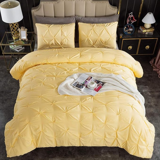 Andency Yellow Pinch Pleat Comforter Full(79x90Inch), 3 Pieces Pintuck Comforter Comforter Set, Microfiber Down Alternative Bed All Season Bedding Set