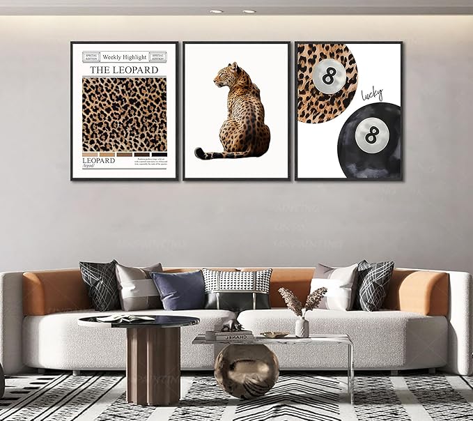 Set of 3 Trendy Leopard Canvas Wall Art Funky Lucky 8 Ball Posters Prints Preppy Room Aesthetic Cheetah Wall Decor Paintings Pictures for Girls Bedroom Apartment Dorm 12x16in Unframed