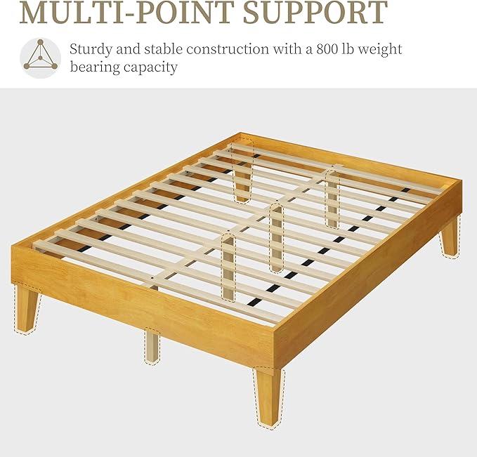 Yaheetech Full Bed Frame Natural Solid Wood Platform Bed with Wooden Slats Support, 12-inch Underbed Space for Storage, Noise-Free Design, Easy Assembly, Natural Wood Finish