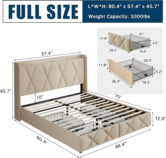 Full Size Bed Frame with 4 Storage Drawers, Upholstered Platform Bed with Charging Station, Modern Wingback Storage Headboard, Easy Assembly,Noise-Free, Beige