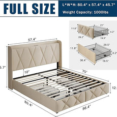 Full Size Bed Frame with 4 Storage Drawers, Upholstered Platform Bed with Charging Station, Modern Wingback Storage Headboard, Easy Assembly,Noise-Free, Beige