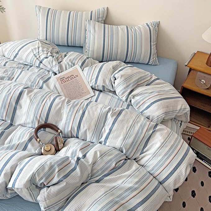 VM VOUGEMARKET Blue Striped Duvet Cover Set Queen 100% Washed Cotton Bedding Set 3 Piece Colorful Pinstripes Comforter/Quilt Cover with Zipper Closure Corner Ties,Modern Cozy