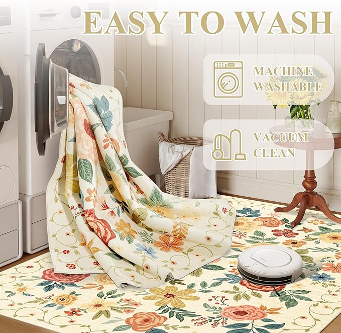 DUKINO 9x12 Area Rug, Floral Rugs for Living Room, Lightweight Non Slip Washable Rug, Indoor Low Pile & Non-Shedding Boho Design Rugs for Bedroom, Living Room, Dining Room, Beige Yellow