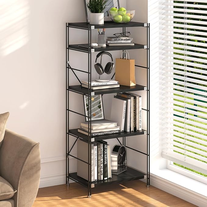 5 Tier Bookshelf, Book Shelf 67/59Inch, Tall Bookcase, Industrial Bookshelves, w/Metal X-shaped support, Adjustable Shelves, Metal Fram, for Living Room,kitchen (Black, H 59.06×W27.56×L 11.81 IN)