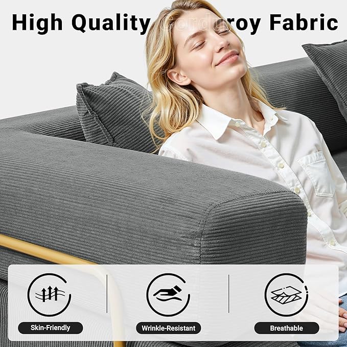 108" Oversized Convertible Sleeper Sofa Bed, Corduroy L Shape Sectional Couch, Folding Sofa Bed with Fixed-Shape Frame, Modern Cloud Floor Mattress Couch, Modular Sofa for Living Room, Grey