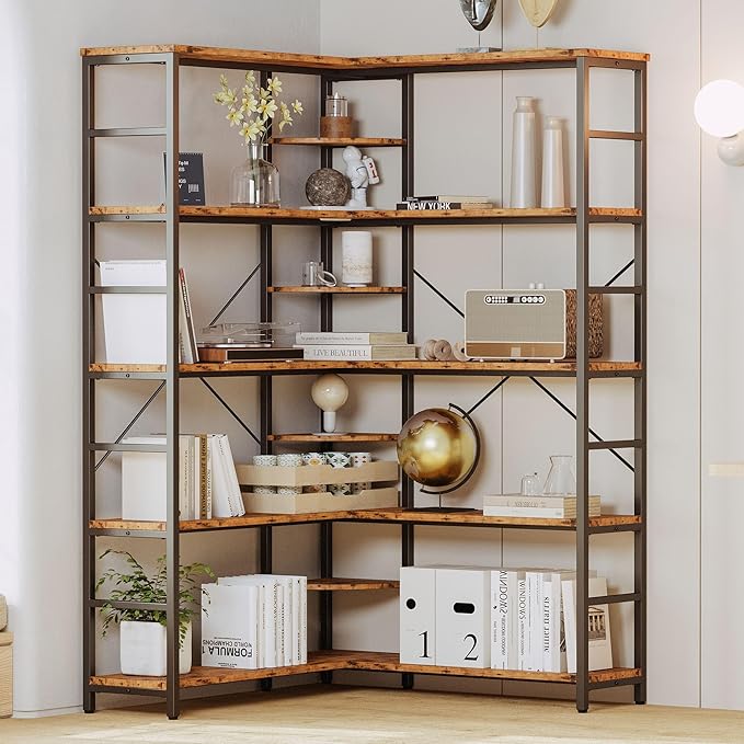 IRONCK Industrial Bookcases and Bookshelves, 5-Tiers Corner Bookcase with Curved Panels, L Shaped Shelf with Metal Frame for Open Storage for Living Room Home Office, Vintage Brown