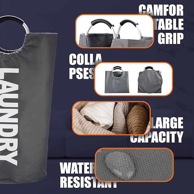 Caroeas 95L Pro Large Laundry Basket (13 Colors), Waterproof Laundry Hamper, Laundry Bag with Padded Handles, Clothes Hamper Stands Up Well, Collapsible Laundry Basket Easy Storage(Dark Grey)