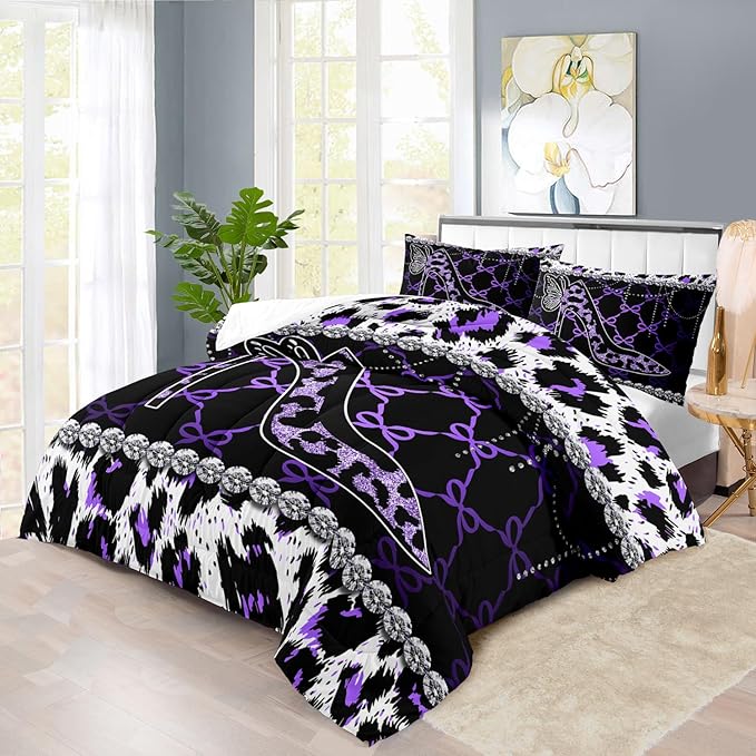 Purple Cheetah Print Comforter Set Full Women Sexy High Heels Leopard Print Bedding Set Girls High Heels Leopard Comforter Quilt Animal Bedroom Decor Cheetah Bedding Bed Decor