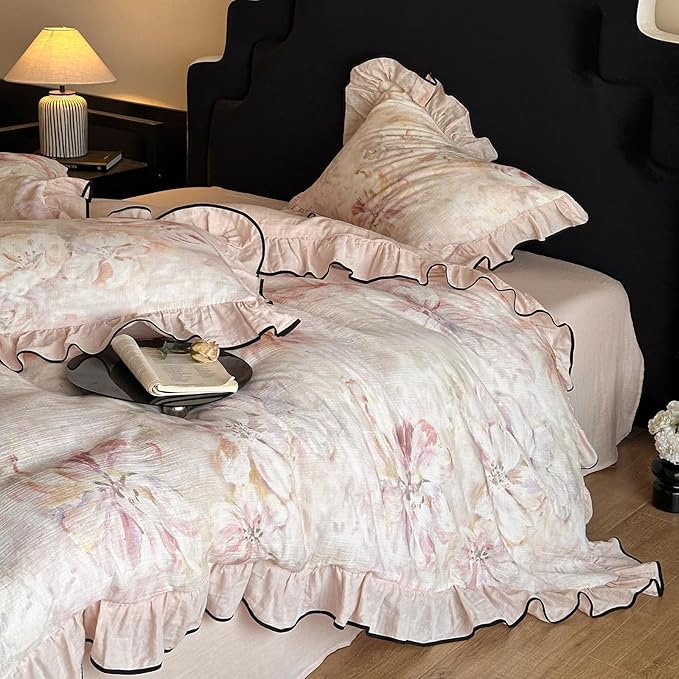 HighBuy Farmhouse Linen Cotton Duvet Cover Full Size,Pink Floral Ruffle Design Muslin Yarn-Dyed Textured Duvet Cover Set Coquette Soft Comforter Cover Ruffle,3 Pieces Cottagecore Bedding Set
