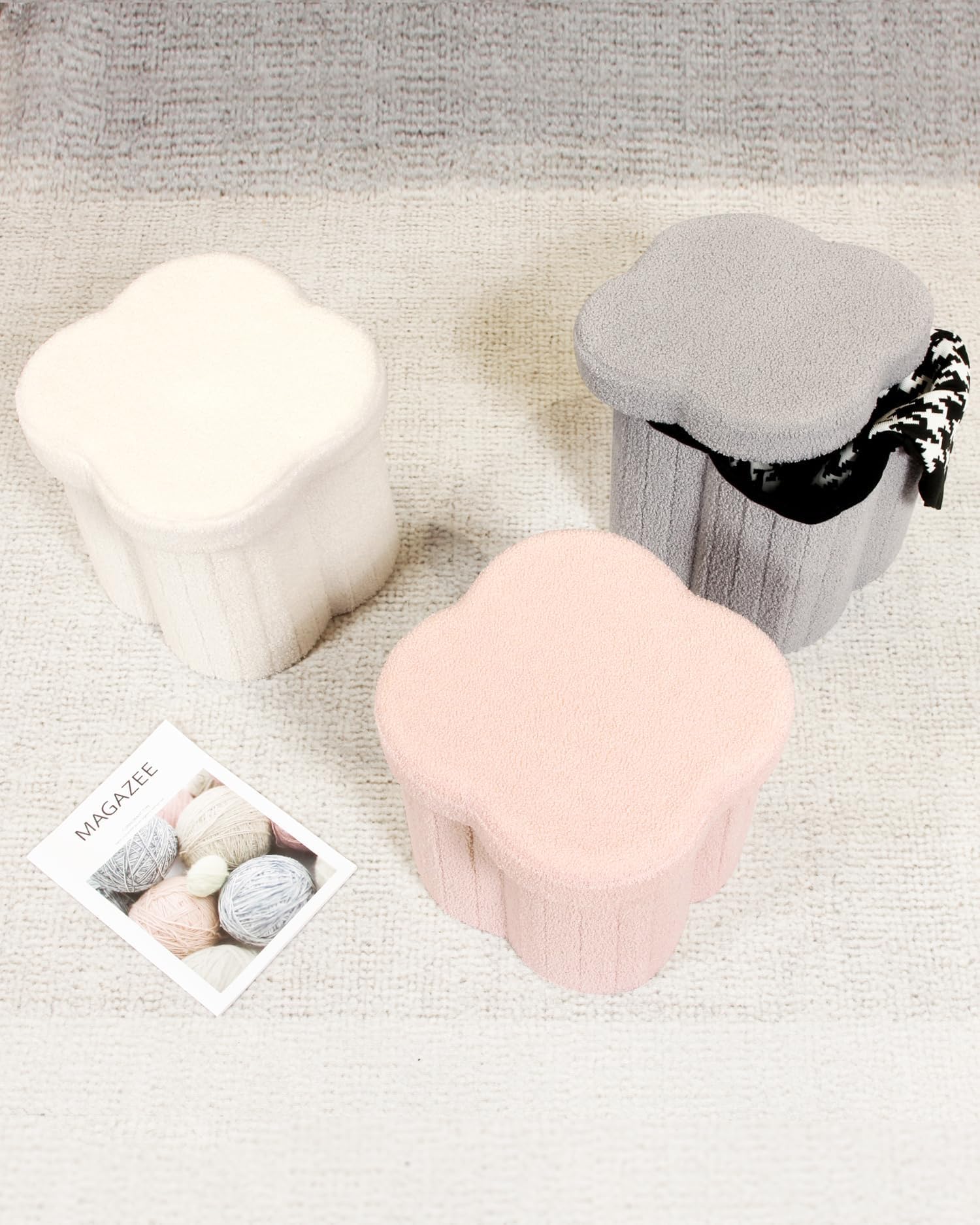 B FSOBEIIALEO Storage Ottoman Cube, Flowers Shaped Ottomans with Storage Foot Stool Footrest for Lving Room, Boucle Ottoman Seat for Dorm Room,Faux Teddy Fur,White 12.6"x12.6"x12.6" Dormly