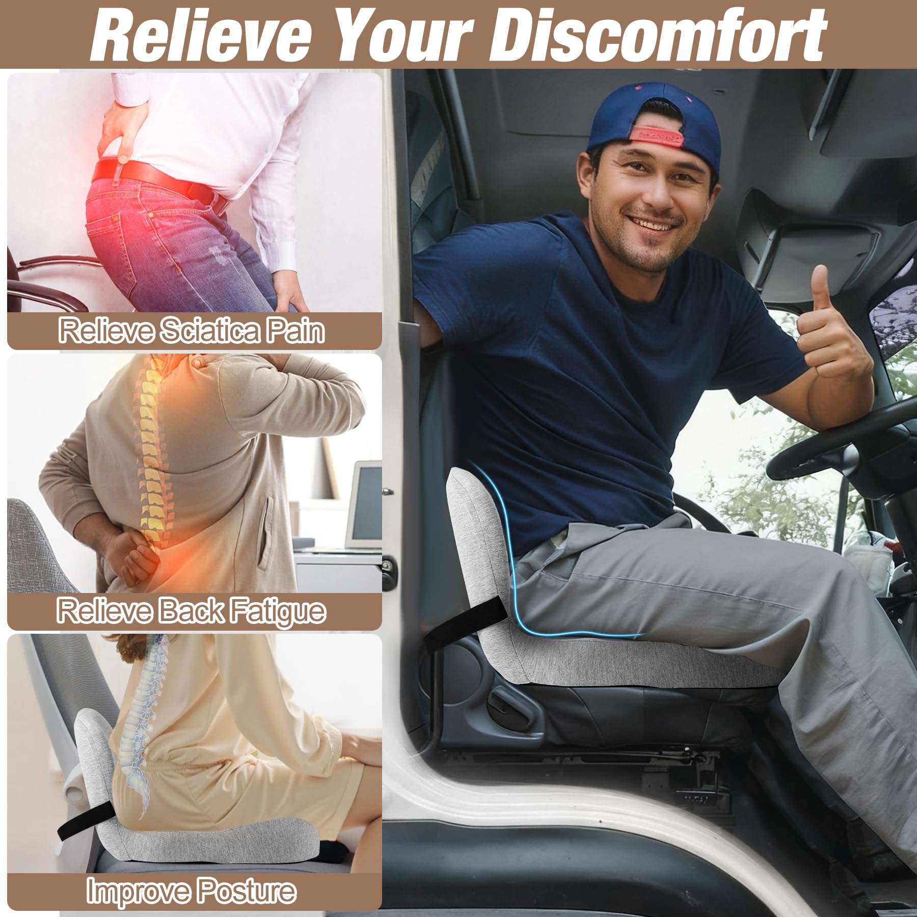 MYFAMIREA Truck Seat Cushion, Memory Foam Trucker Seat Cushion for Truck Driver Long Sitting with Adjustable Strap, Back Support and Pain Relief for Trucker Driving Car Office Chair and Pain Dormly