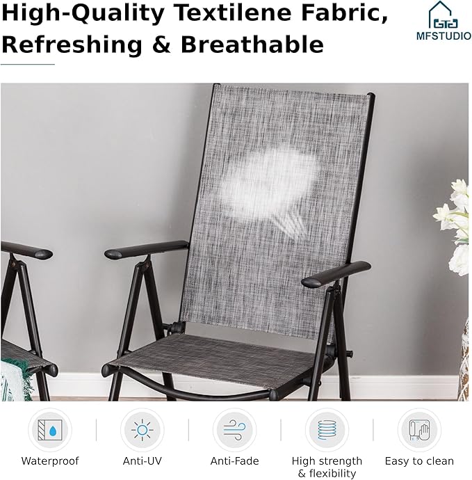 MFSTUDIO Patio Folding Chairs Set of 6, Outdoor Patio Dining Chairs, Portable Grey Sling Patio Chairs, 7 Levels Adjustable Sling Back Chairs for Backyard Lawn Garden