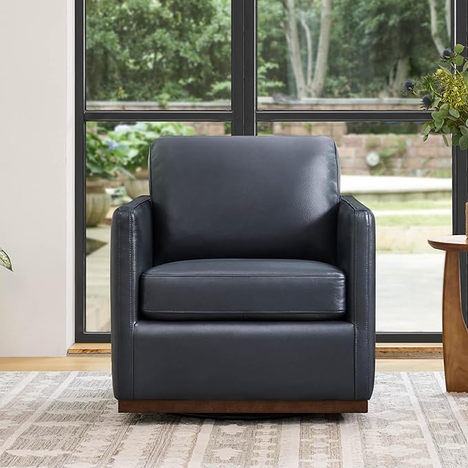 CHITA Genuine Leather Swivel Accent Chair, FSC Certified Mid Century Modern Arm Chair for Living Room and Bedroom, Fully Assembled, Navy