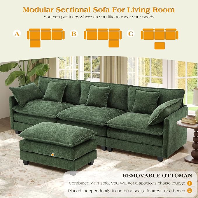 113.4" Modular Sectional Sofa,L Shaped Couch for Living Room,Modern Deep Seat Sofa 3 Seater Chenille Fabric Comfy Cloud Couches with Throw Pillows & Movable Ottoman