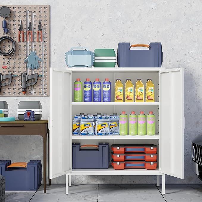 Bathroom Floor Storage Cabinet,40H Small White Cabinets for Storage with Doors,2 Door Metal Towel Freestanding Cabinet for Small Spaces,Two Door Hallway Short Cabinets,Shallow Low Cupboard