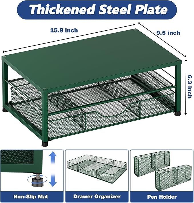 OPNICE Desk Organizers and Accessories, 2-Tier Computer Monitor Stand Riser with Drawer and 2 Pen Holders, Laptop Stand, Office Desk Accessories for Office Supplies, Dark Green