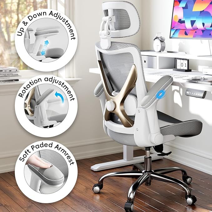 Office Home Ergonomic Desk Chair-Computer X-Shaped Chair Mesh PU Leather with Adjustable Lumbar Support-Executive Chair High Back with Headrest Flip-Up Arms for Long Hours (Grey)