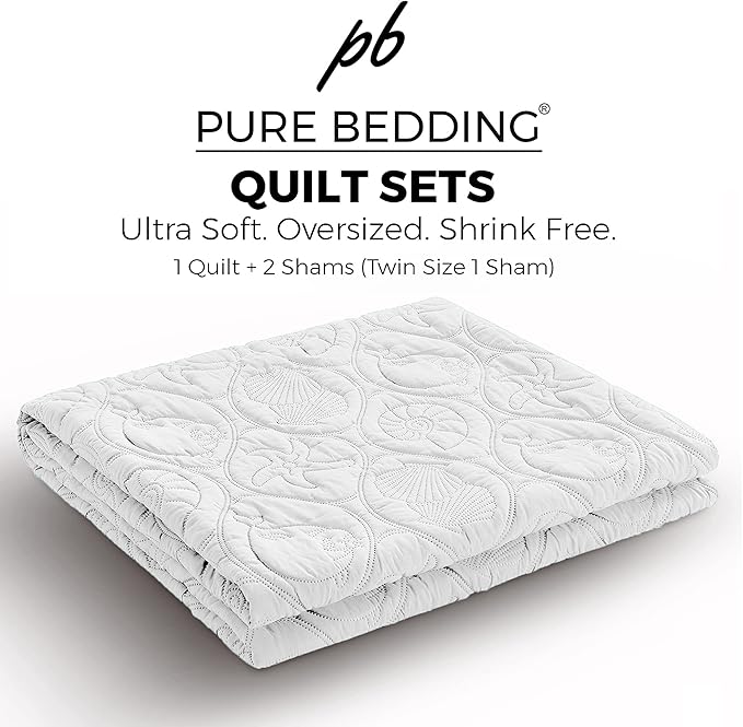 Pure Bedding Quilt Set Full/Queen Size White - Oversized Bedspread - Soft Microfiber Coverlet for All Season - Includes 1 Quilt and 2 Shams, Ocean Star Pattern