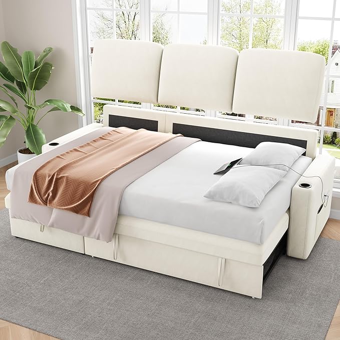 Keyluv 87" Pull Out Sleeper Sofa Bed with Storage Chaise, Reversible 2 in 1 Sectional Sofa Bed with Charging Station and Cup Holder, L-Shaped Sofa Couch for Living Room, Velvet Beige