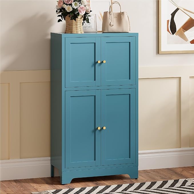 Bathroom Floor Storage Cabinet, Freestanding Accent Cabinets with 4 Doors and 2 Adjustable Shelves,Blue Metal Locker Cabinets for Restroom, Kitchen,Living Room,Hallway