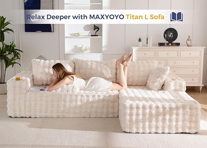 MAXYOYO 104" Modular Sectional Couch with L-Shape Chaise, Modern Boneless Couch for Living Room, Sofa in A Box, Faux Fur Sofa Sleeper with Deep Seat, No Assembly Required, Beige