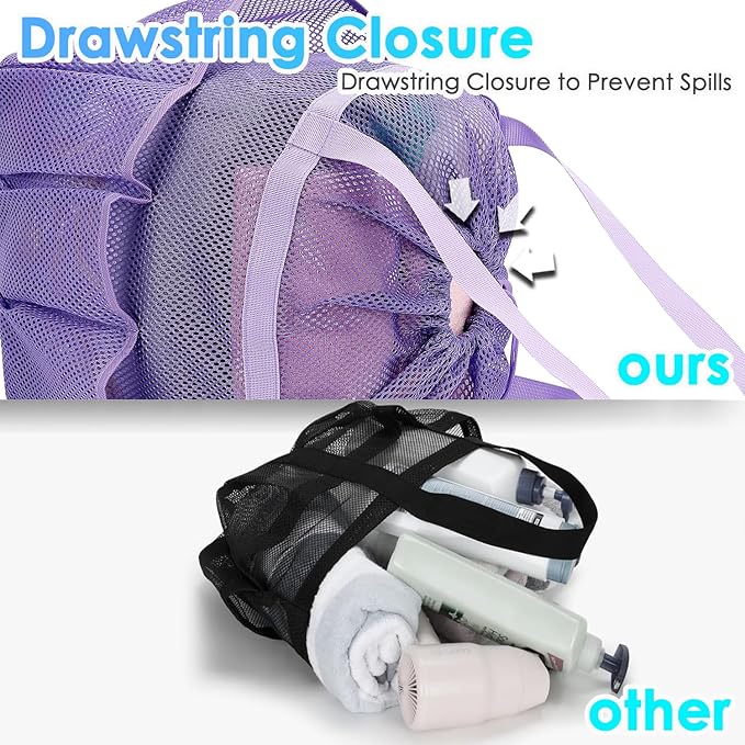 Mesh Shower Caddy Portable with Drawstring, Dorm Room Essentials for College Girls Guys, 8-Pocket Large Shower Bag Basket Tote for Camping Beach Gym Travel Toiletry Bathroom