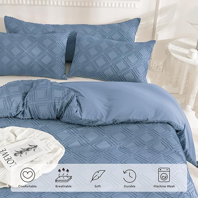 JELLYMONI Duvet Cover Twin Size Blue - 3PCS Boho Duvet Cover Set Plaid Polyester Tufted Bohemian Jacquard Knit Textured Comforter Cover 68×90in Rhombic Geometric Pattern Corner Ties & Zipper