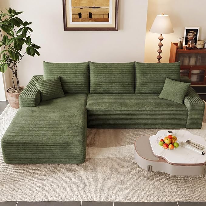 95" Modular Sectional Couch, Boneless L Shaped Cloud Sofa with Chaise Lounge, Corduroy Upholstered Couches Memory Foam Deep Seat, No Assembly Required, Ideal for Living Room(Green, Left Facing)