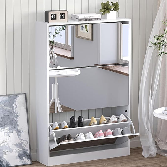Shoe Cabinet with 3-Flip Mirror Drawers, Freestanding Shoe Rack Organizer with Hidden Handle, Slim Narrow Shoe Storage Cabinet for Entryway, Entrance, Hallway, Bedroom