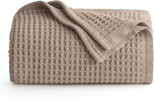 Bedsure Gentlesoft 100% Cotton Blanket Twin XL Size for College Dorm - Breathable and Soft, Waffle Weave Twin Blanket for Summer, Dorm Room Essentials, Light Brown, 66x90 inches