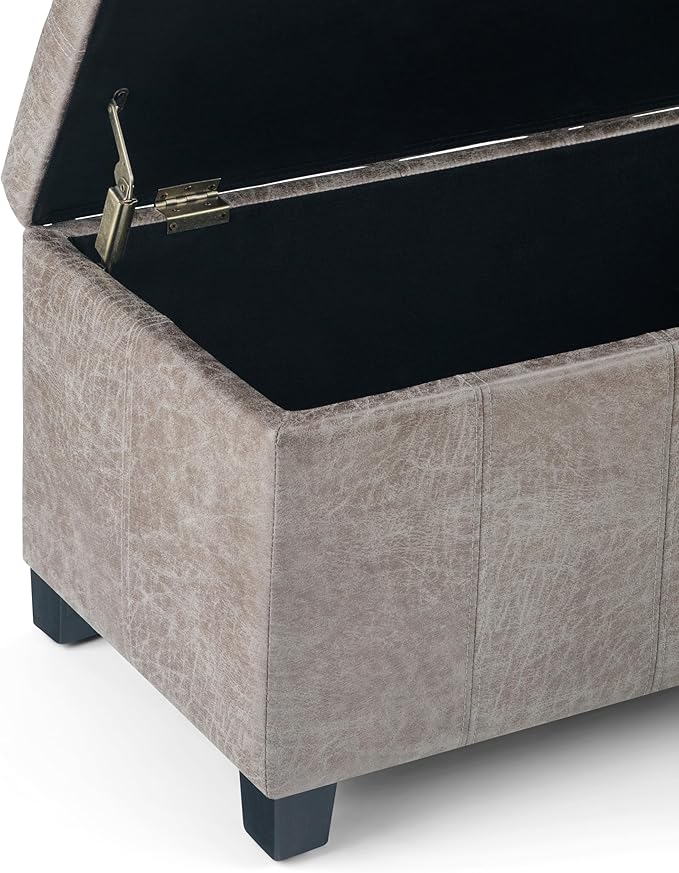SIMPLIHOME Dover 36 inch Wide Contemporary Rectangle Storage Ottoman Bench in Distressed Grey Taupe Vegan Faux Leather, Assembled, For the Living Room, Entryway and Family Room