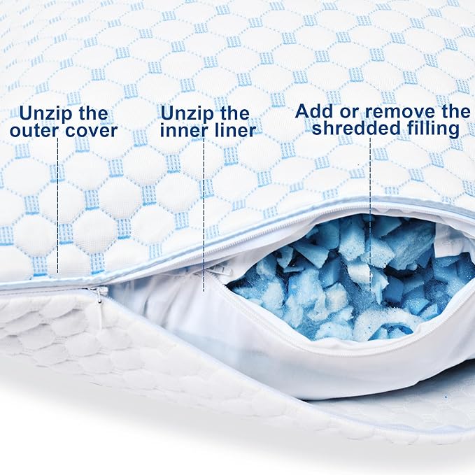 XWZO Cooling Pillow 2 Pack King Size Pillows Set of 2, Shredded Memory Foam Pillows Adjustable Gel Bed Pillows for Side Back Stomach Sleepers with Washable Removable Cover