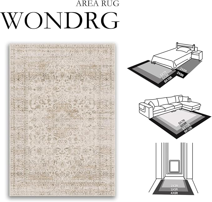 9x12 Beige Area Rug Vintage Living Room Bedroom Washable Carpet Non-Slip Soft Low Pile Distressed Indoor Large Throw Rug for Dining Room Office