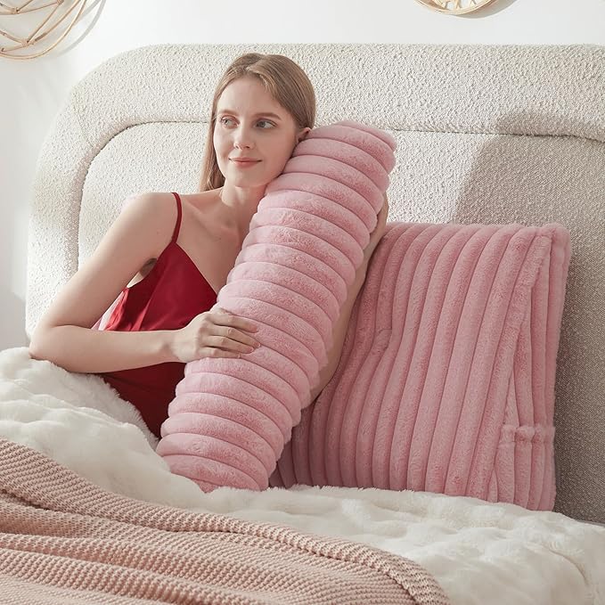 Headboard Pillow + A Long Neck Roll Pillow Body Pillow，Faux Fur Headboard Wedge Pillow with Removable Cover (Pink, Twin：39x8x20 inches)